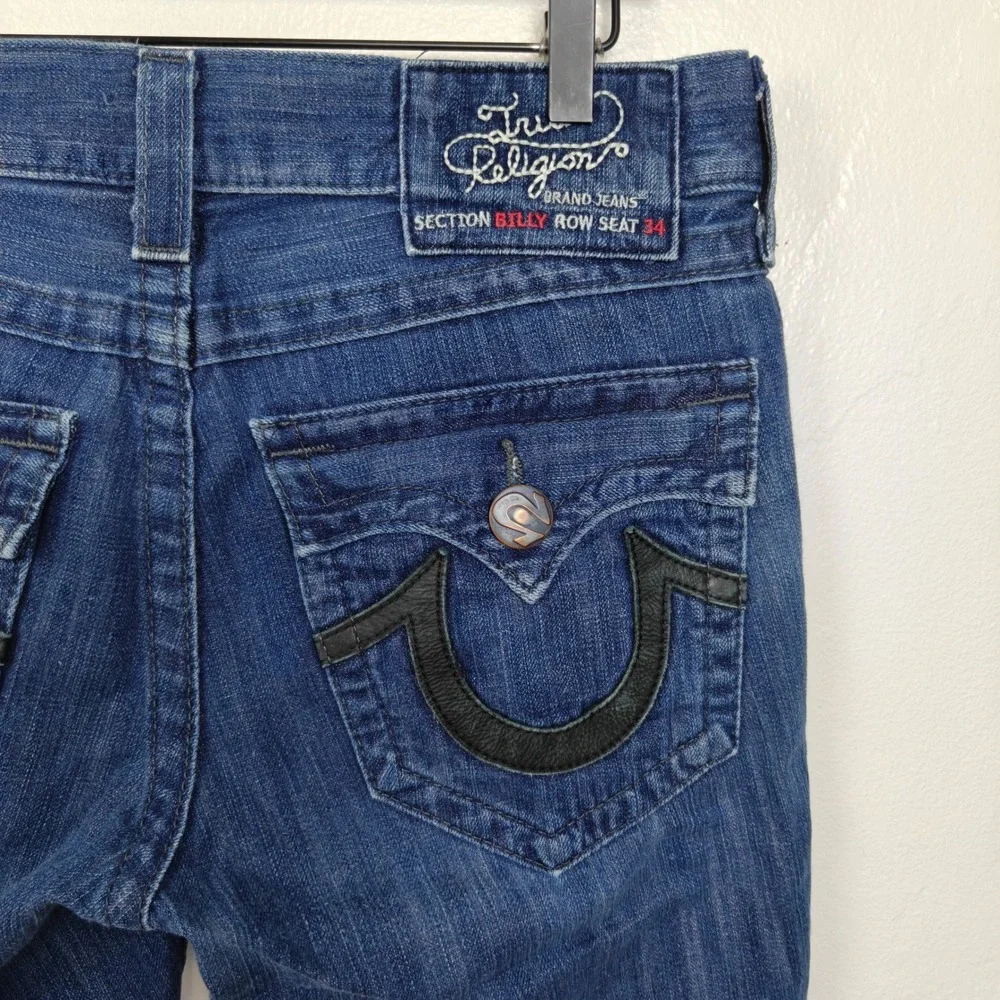 True Religion Billy Mens Shorts 31 Blue Leather Horseshoe Frayed Y2K Streetwear